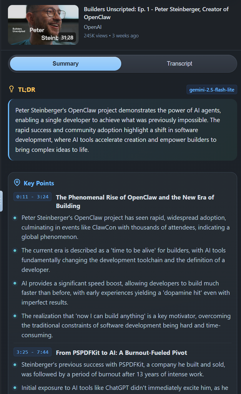 BoltBrief summary view — TL;DR, key points and timestamped sections